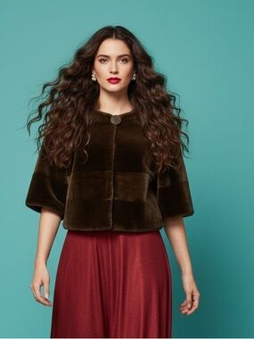 Beta's Choice Brown Faux Mink Fur Cropped Jacket Coat Size S